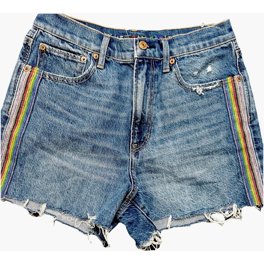 American Eagle Highest Rise 90s Boyfriend Denim Shorts 6 Pride Rainbow Stripe